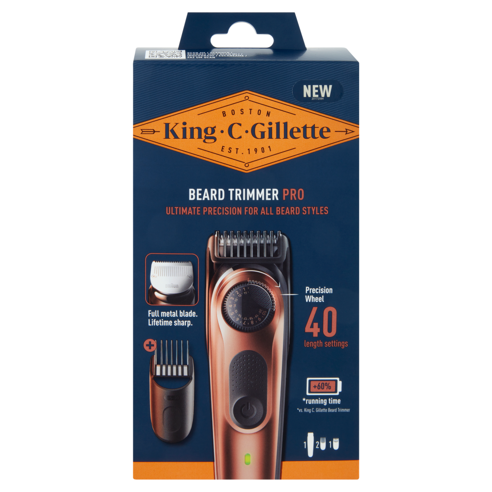 King C Gillette Beard Trimmer Pro Regolabarba, Rasoio Elettrico Uomo + 2 Pettini + 1 Spazzolina di p