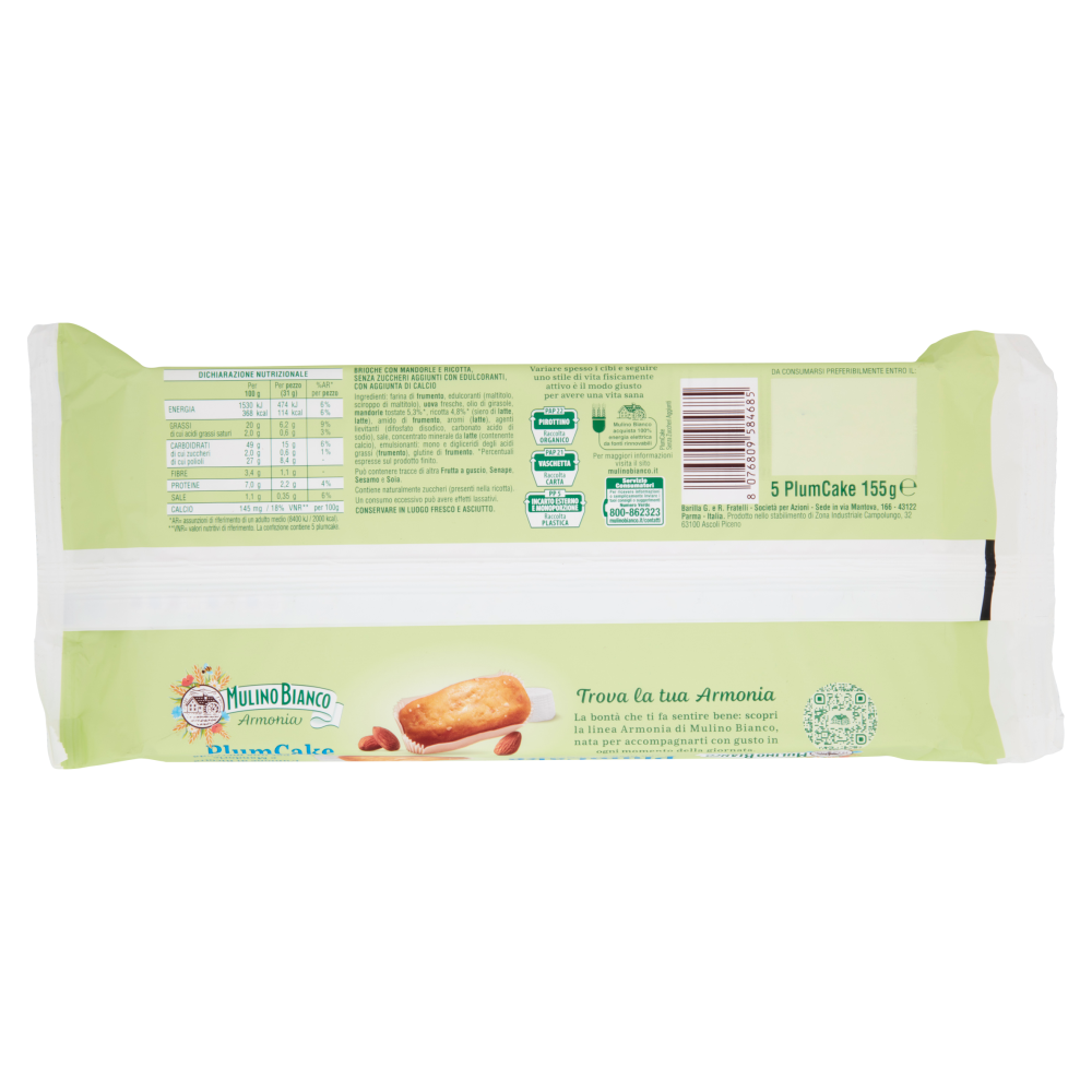 Mulino Bianco Armonia PlumCake Ricotta e Mandorle 5 pezzi 155 g