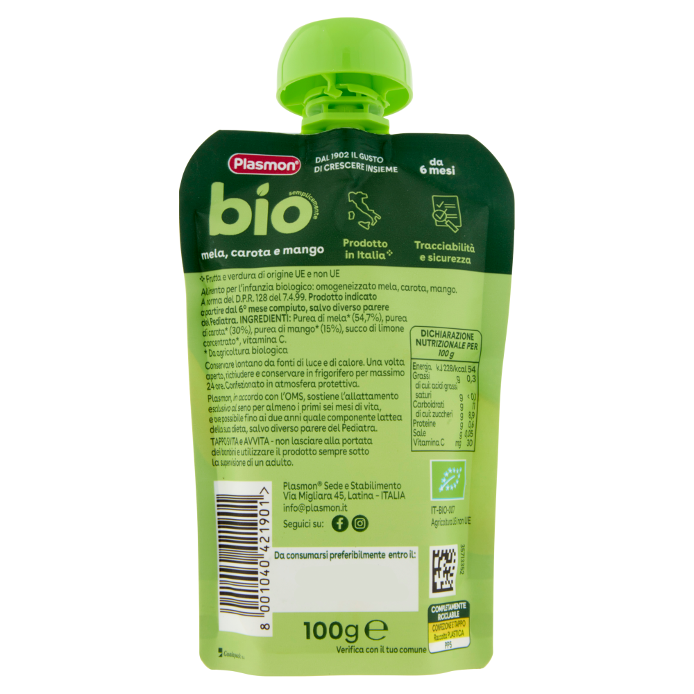Plasmon semplicemente bio mela, carota e mango 100 g