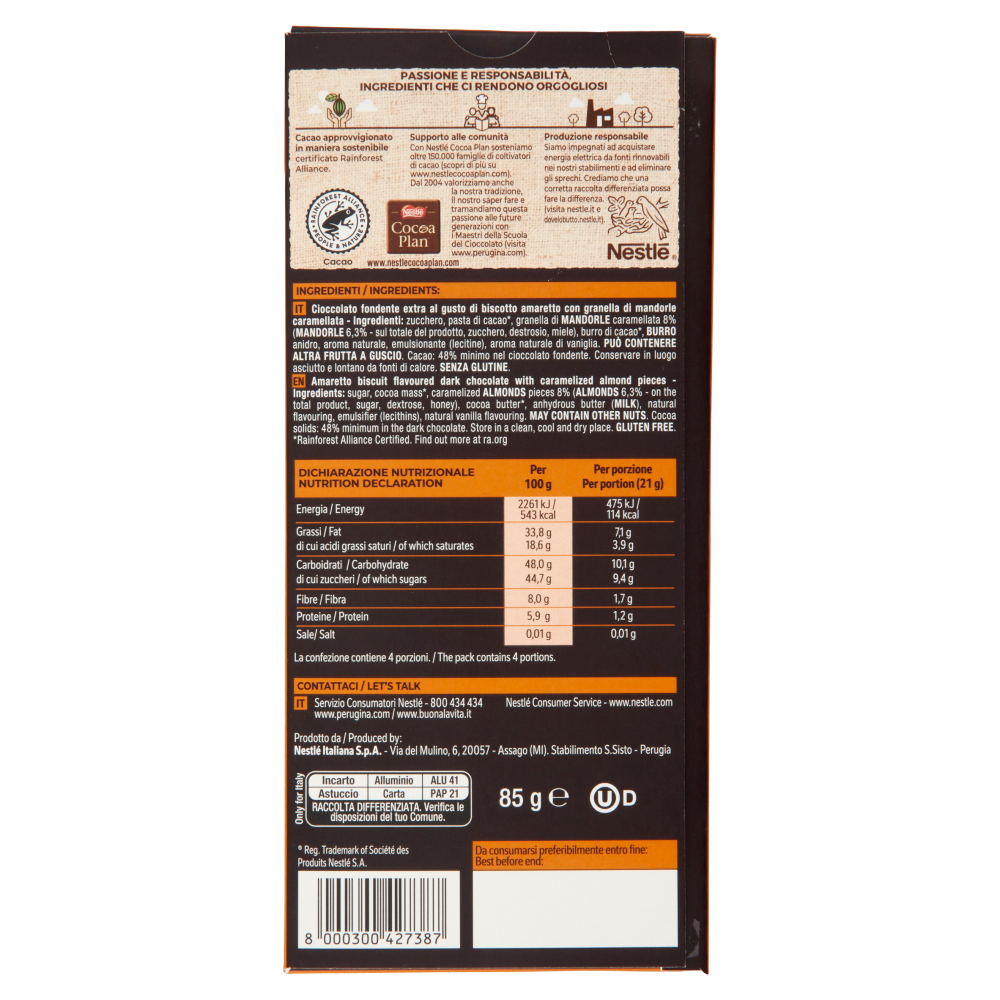PERUGINA NERO Amaretto Tavoletta Cioccolato Fondente Extra 85g