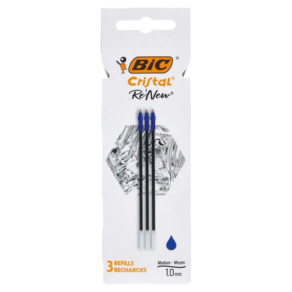 Bic Cristal Re'New Ricariche per Penne a Sfera Blu, 3 pezzi