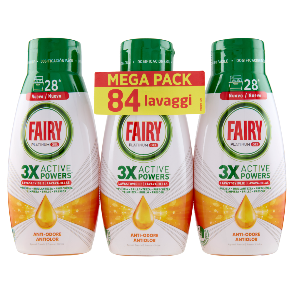 Fairy Gel Lavastoviglie Platinum Anti-Odore, Detersivo Piatti Agrumi Freschi 3x28=84 Lavaggi 3x504ml