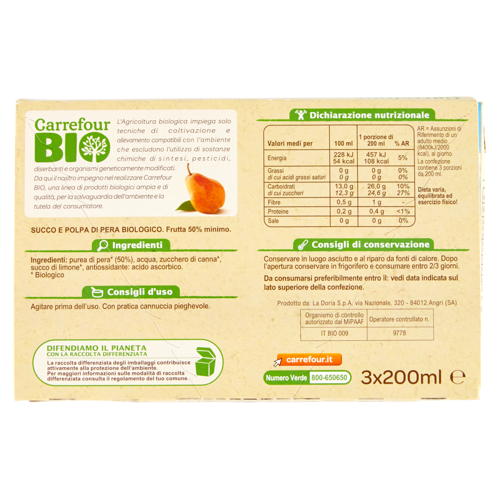 Carrefour Bio Succo e Polpa di Pera 3 x 200 ml