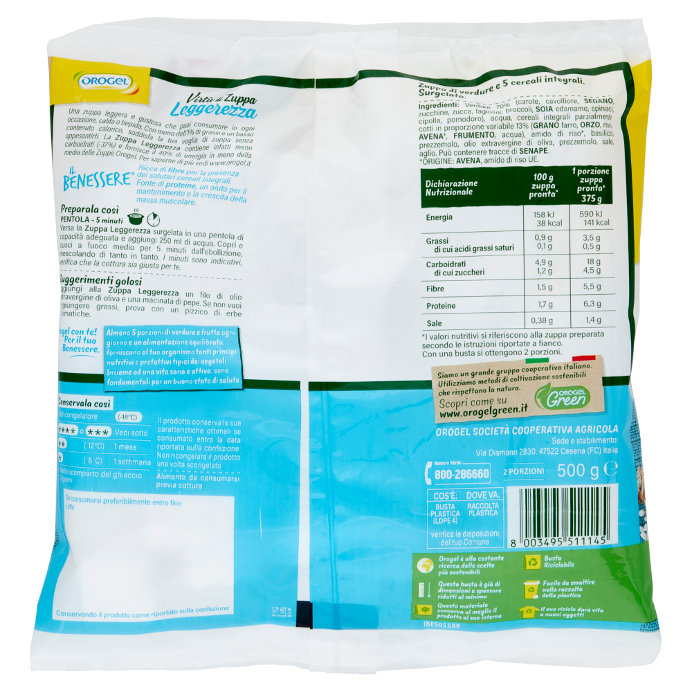 Orogel Il Benessere Virtù di Zuppa Leggerezza Verdure con Cereali Integrali Surgelati 500 g