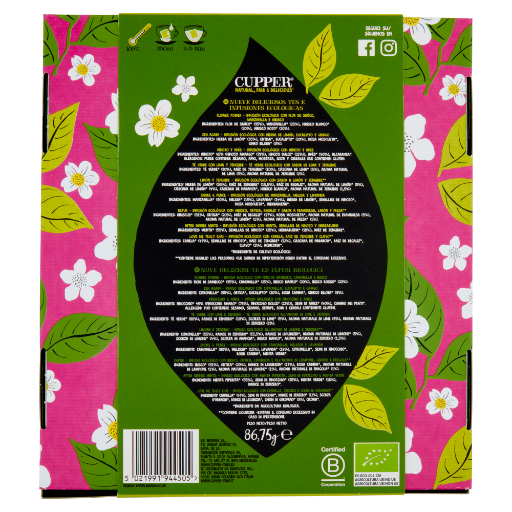 CUPPER Collection Tè e Tisane Bio Fairtrade Cofanetto Assortito di 9 Tè e Infusi, 45 bustine 86,75 g