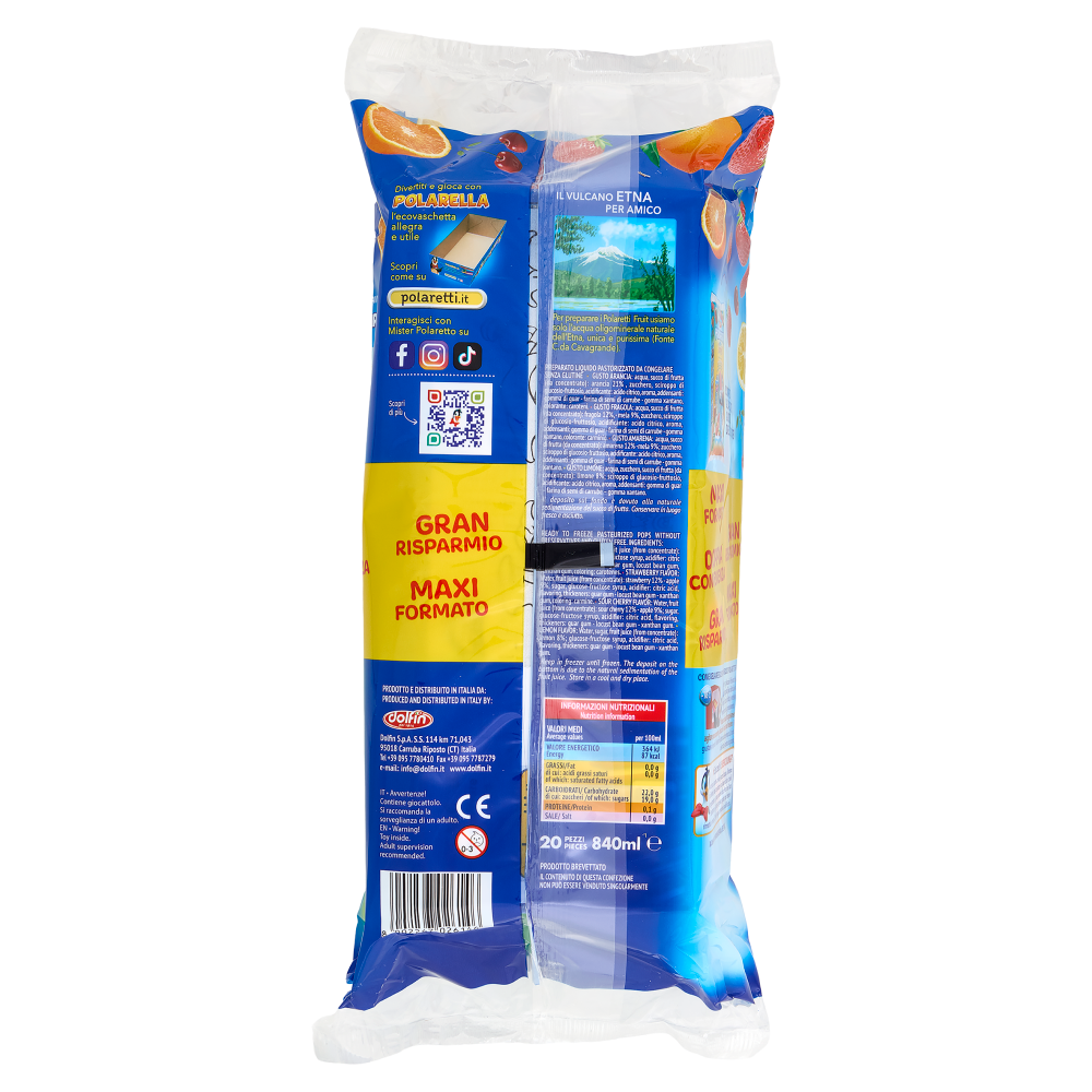Polaretti Fruit ghiaccioli pronti da gelare Arancia, Fragola, Amarena, Limone 20 Pezzi 840 ml