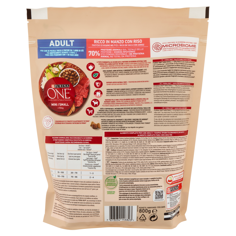 PURINA ONE Mini/Small Adult Ricco in Manzo con Riso 800 g
