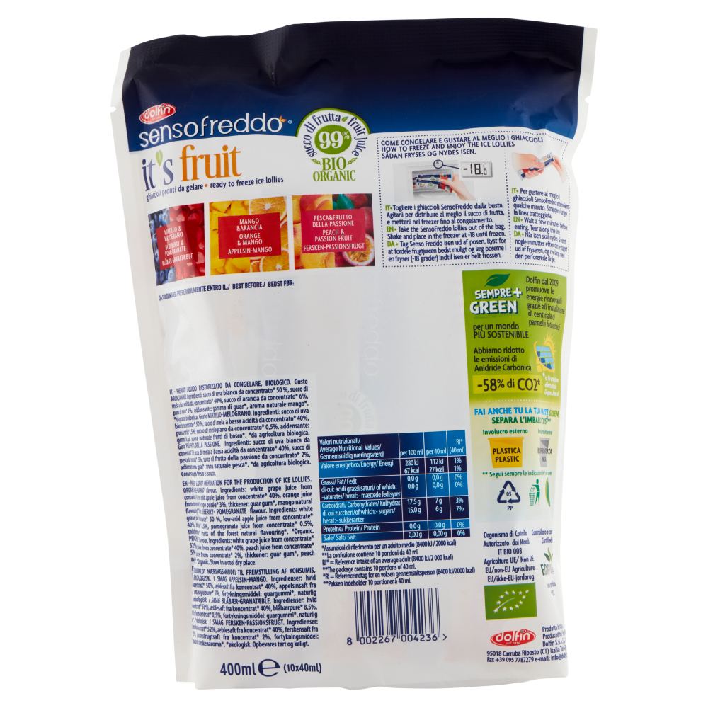 dolfin sensofreddo it's fruit Bio Organic ghiaccioli pronti da gelare 10 x 40 ml