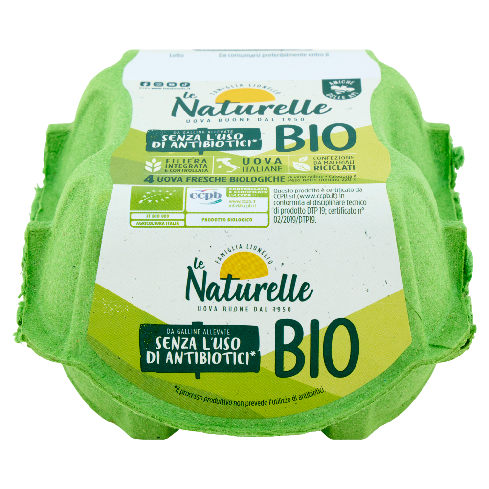 le Naturelle Bio 4 Uova Fresche Biologiche da Galline Allevate Senza l'Uso di Antibiotici* 220 g