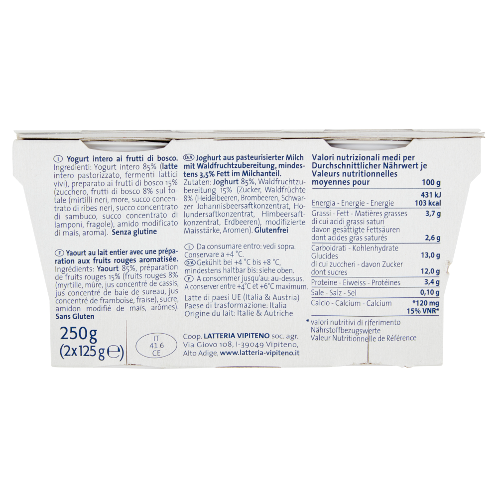 Sterzing Vipiteno Yogurt intero Frutti di Bosco 2 x 125 g