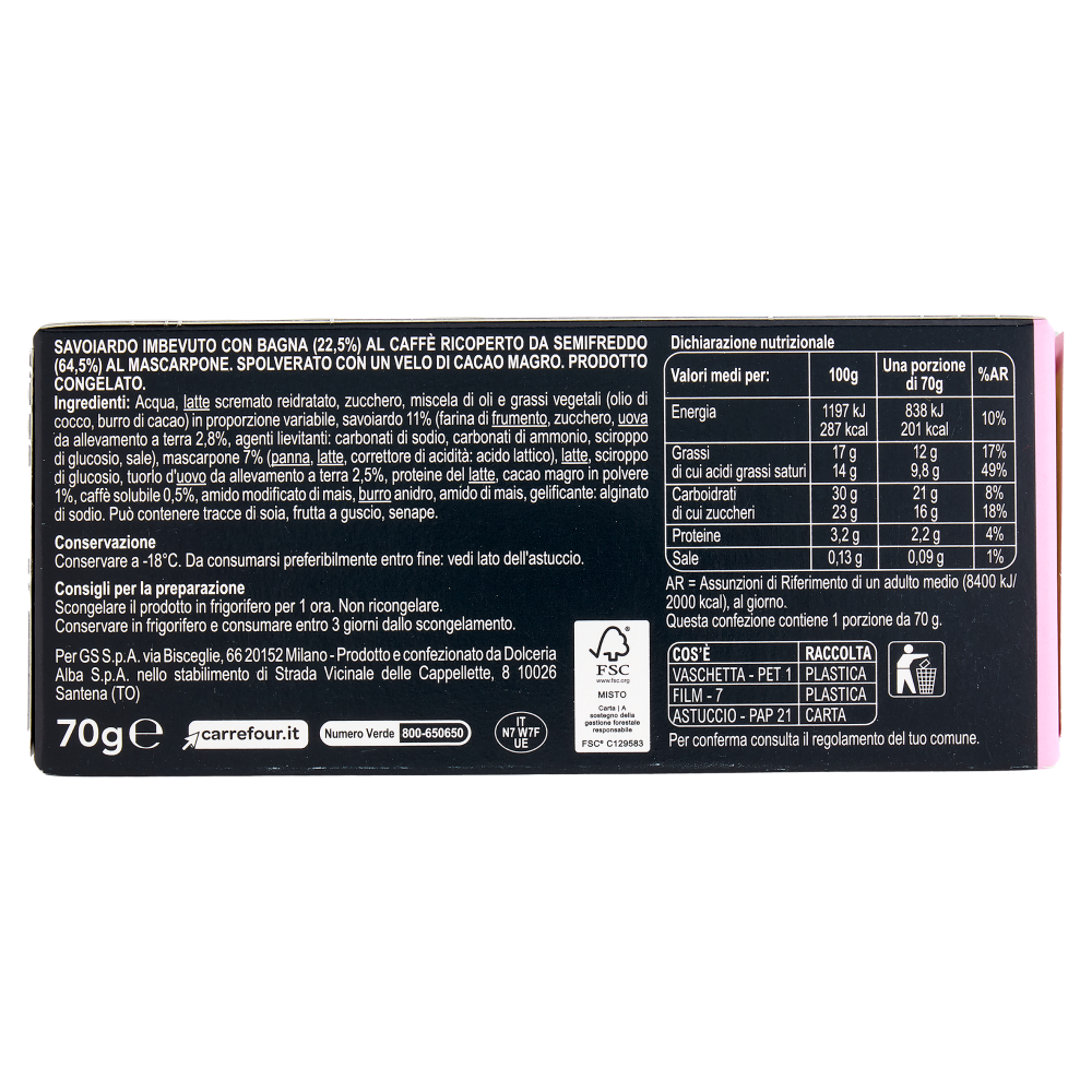 Carrefour Selection Tiramisù Prodotto Congelato 70 g