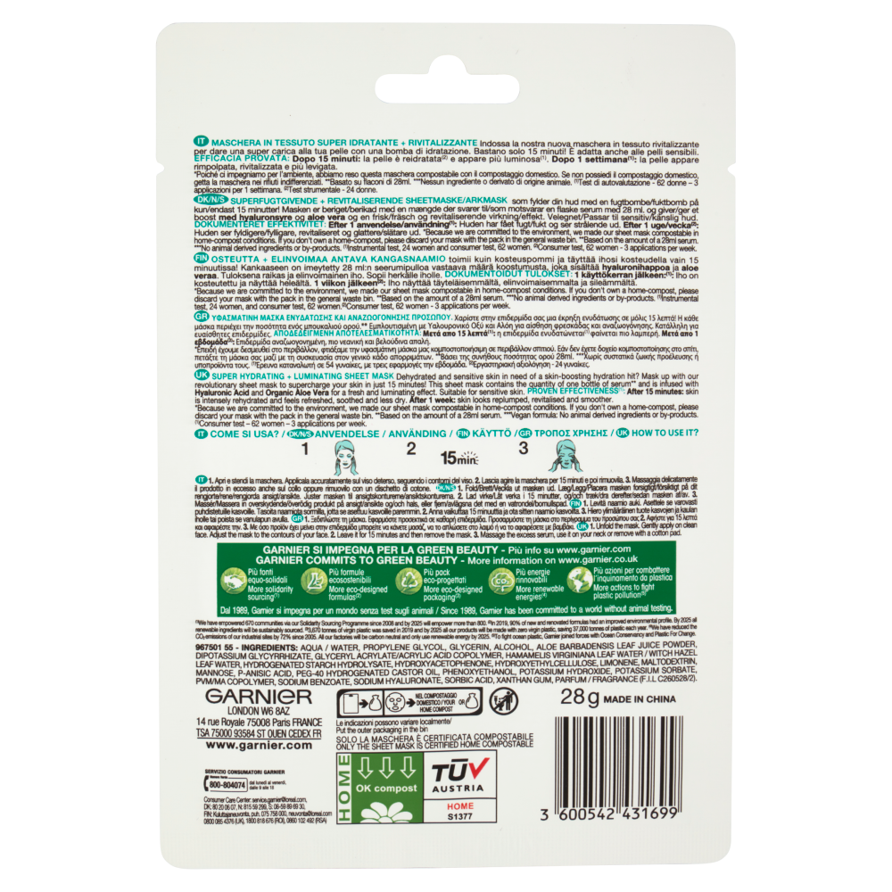 Garnier Maschera in Tessuto Skin Active Hydra Bomb, Idratante e Rivitalizzante,Tutti i Tipi di Pelle