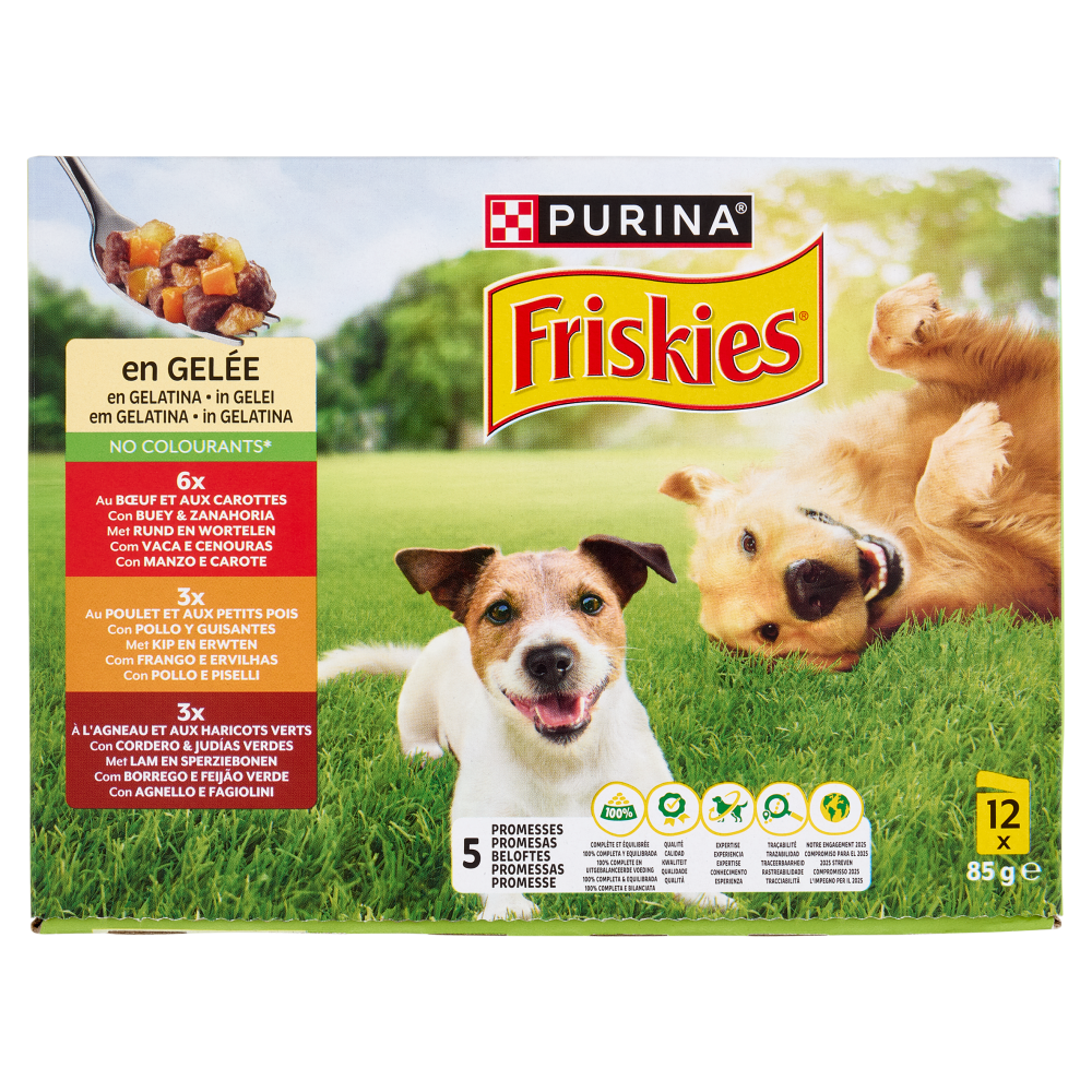 PURINA FRISKIES In Gelatina Con Manzo e Carote, Pollo e Piselli, Agnello e Fagiolini 12 x 85 g