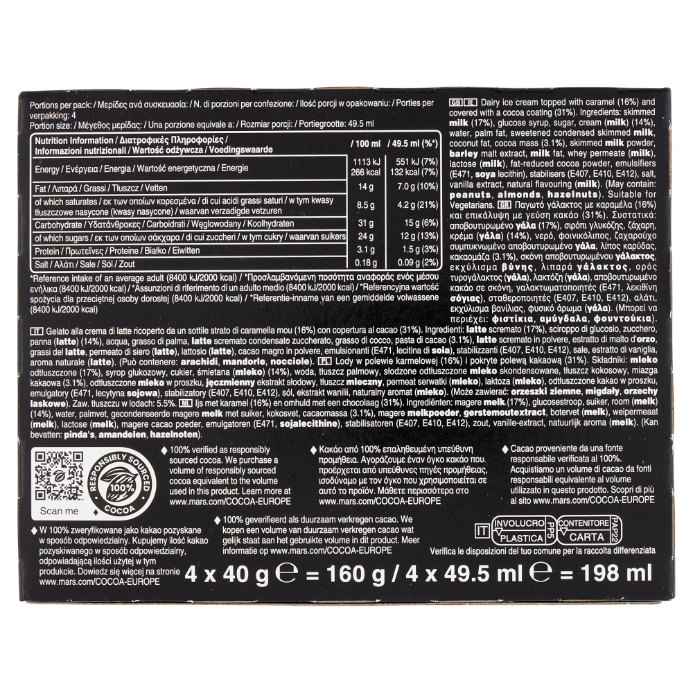 Mars Barretta Gelato al cioccolato e caramello, Multipack da 4 x 40 g