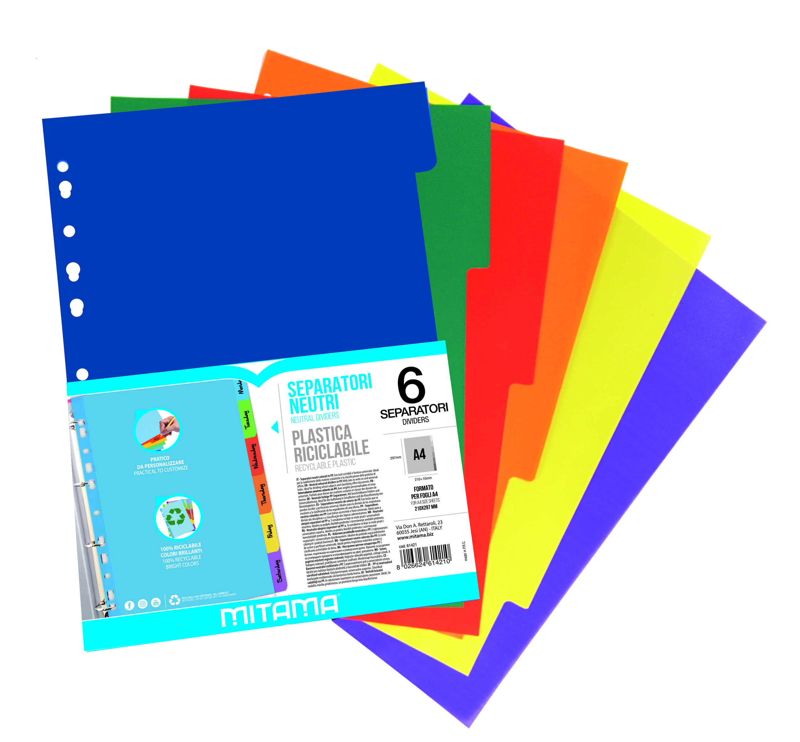 Mitama Separatori in PP 100% Riciclabile Riplastic 6 Tacche Colorate f.to A4