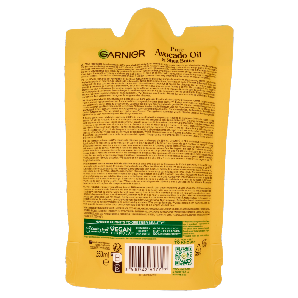 Garnier Ultra Dolce Puro Olio di Avocado & Burro di Karité, Eco-Ricarica Shampoo Ultra Nutri, 250 ml