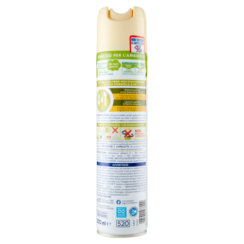 Emulsio Mangia Polvere l'Antistatico Multi Superficie 4 in 1 Vaniglia e Tè Bianco 300 ml