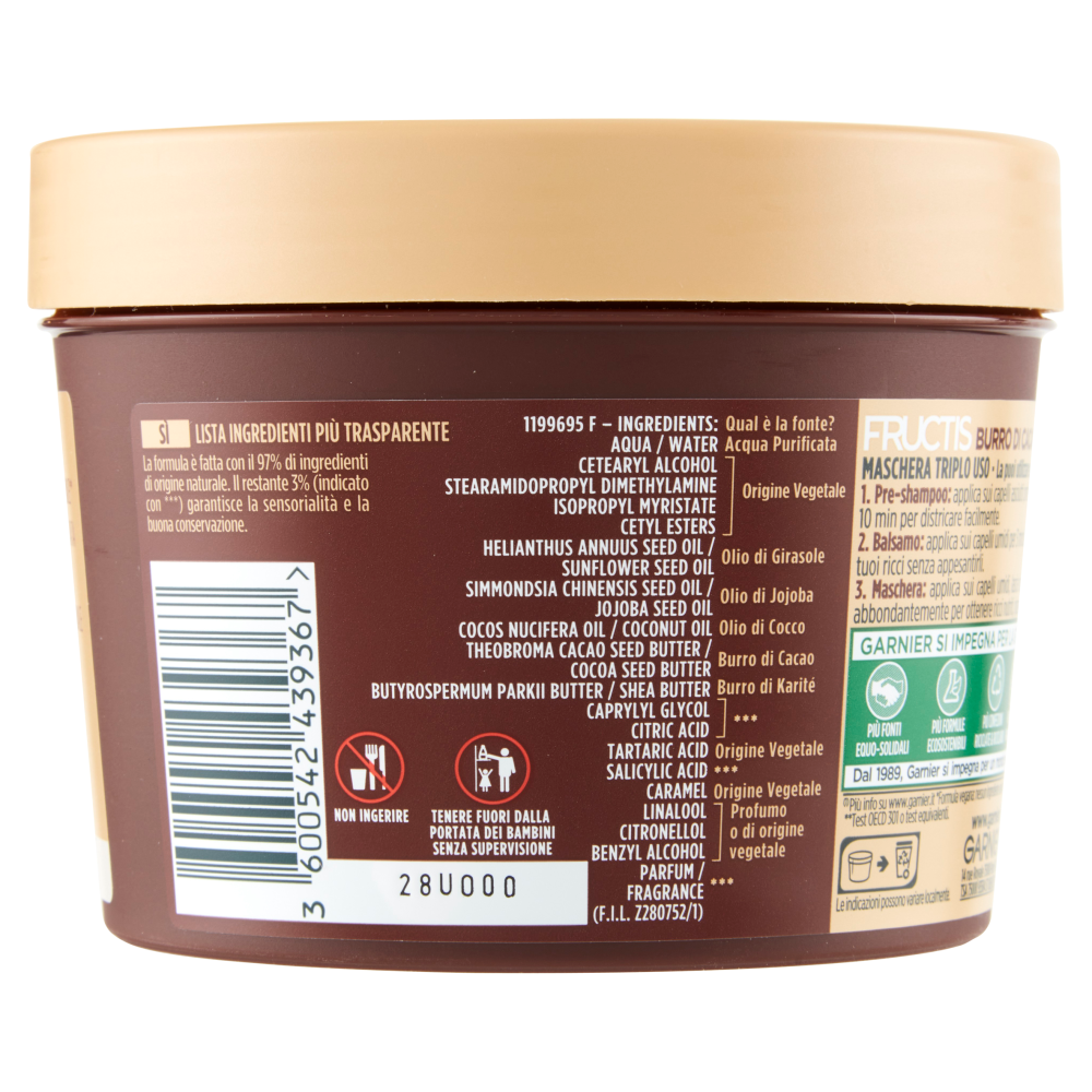 Garnier Fructis Maschera Hairfood Burro di Cacao, per capelli secchi e ricci 390 ml