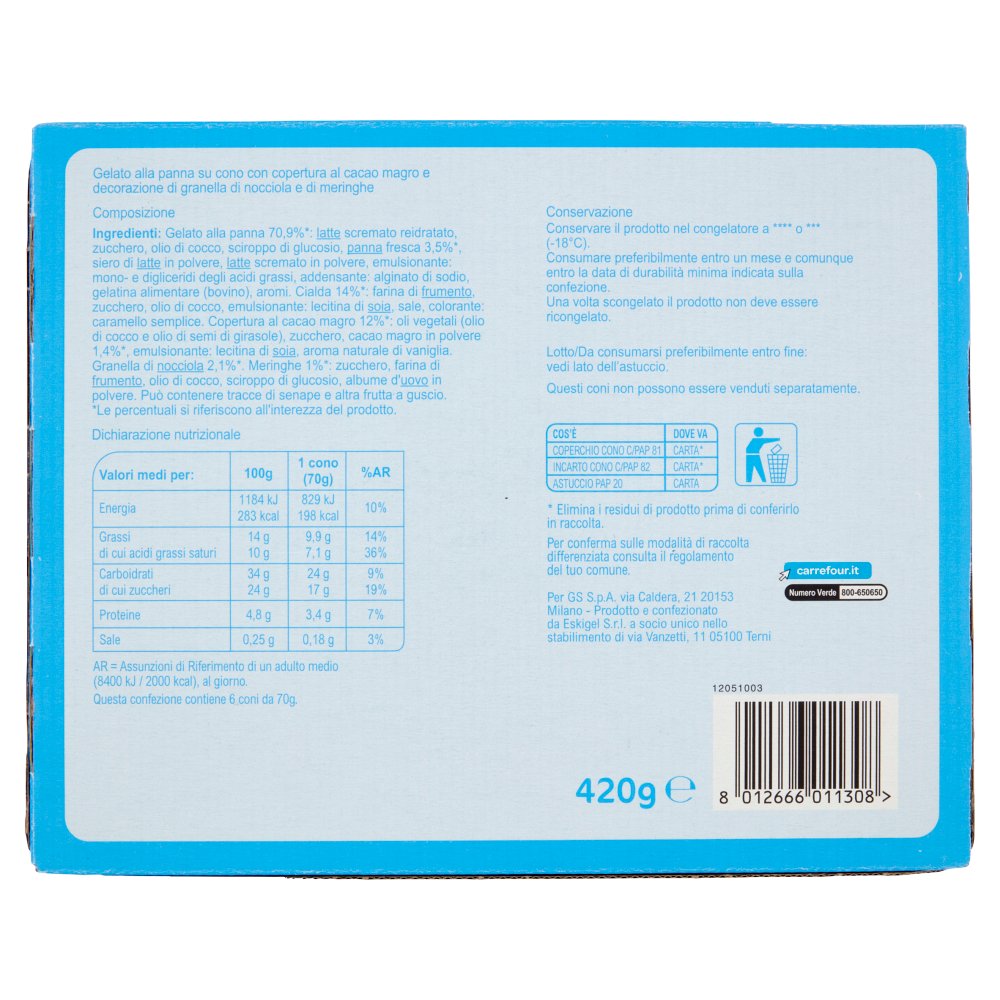 Carrefour Classic Cono Panna 6 x 70 g