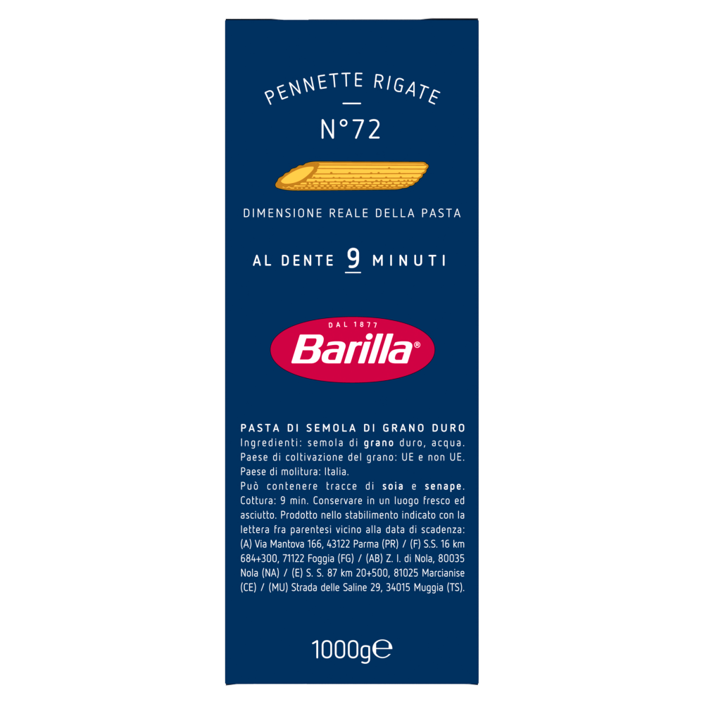 Barilla Pasta Pennette Rigate n.72 1Kg