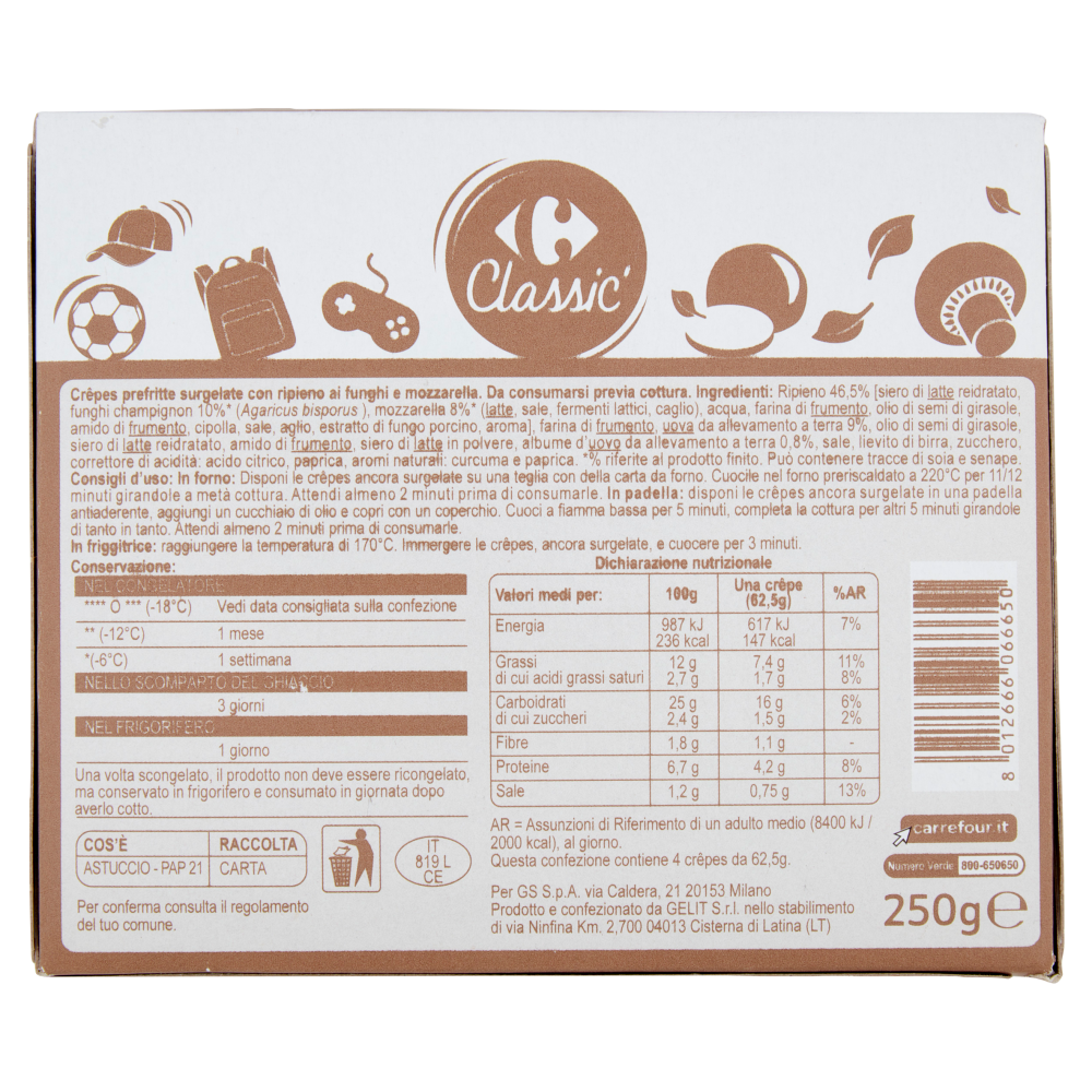 Carrefour Classic Crêpes Funghi e Mozzarella Surgelate 4 x 62,5 g