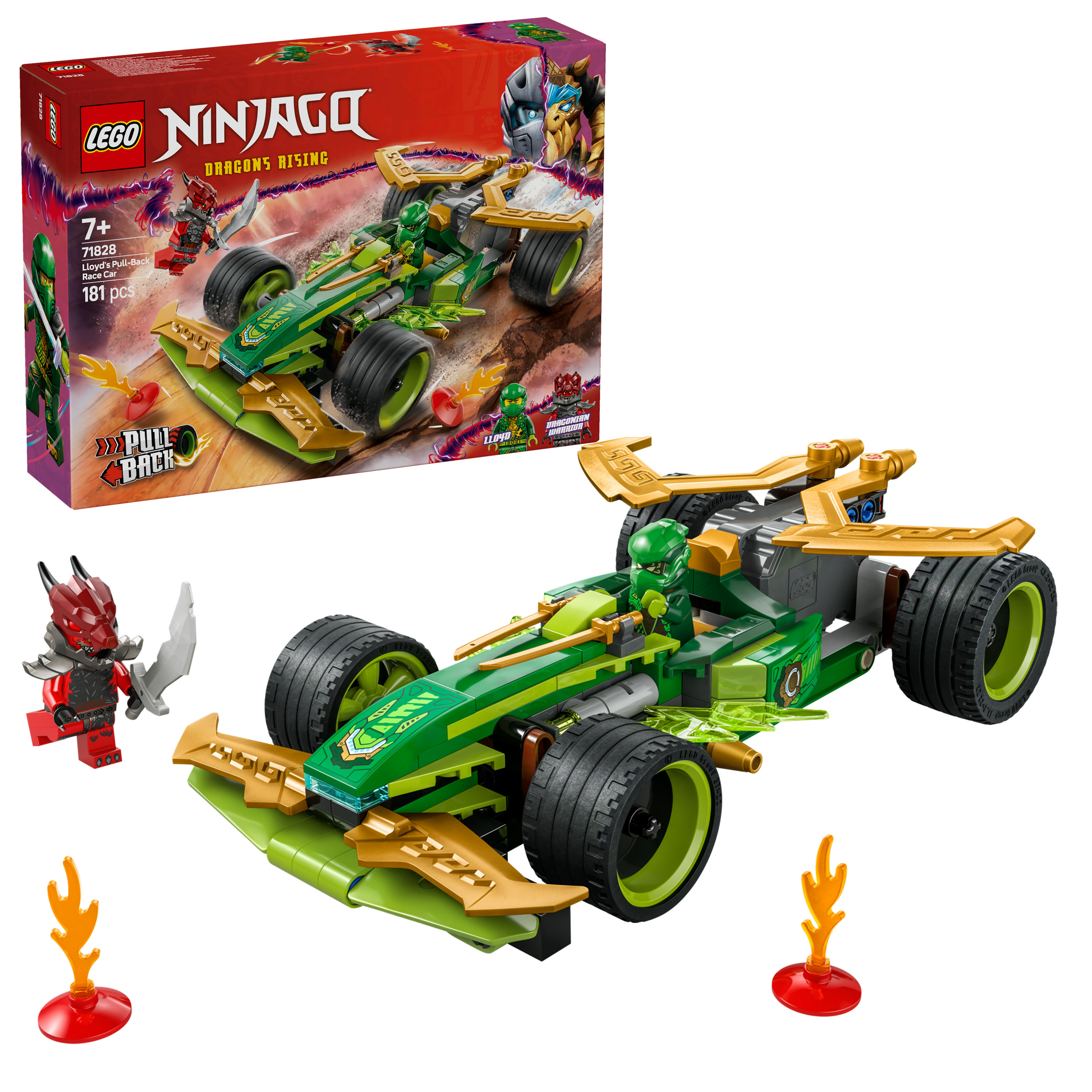 LEGO NINJAGO 71828 Racer Pull-Back di Lloyd - Modello di Auto da Corsa Giocattolo con 2 Minifigure e Armi, Giochi Bambini 7+