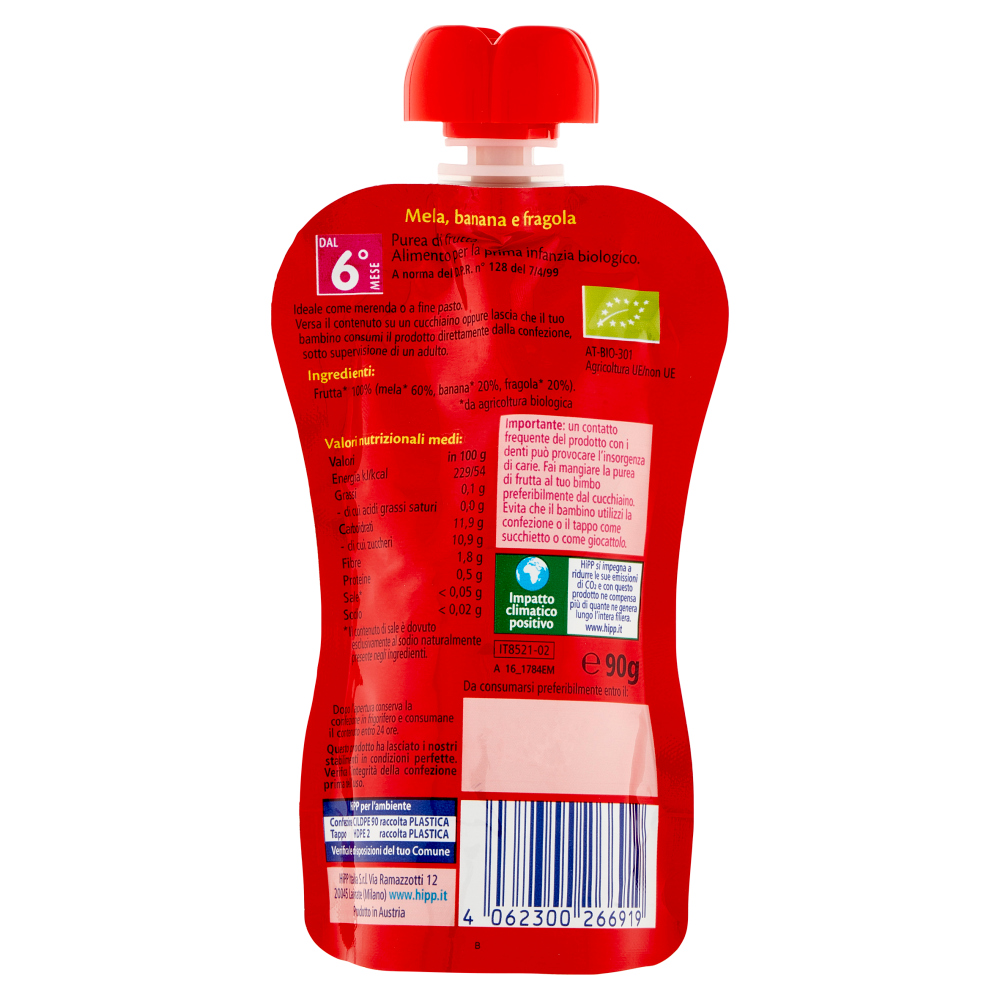 HiPP Biologico Frutta Frullata Mela, banana e fragola 90 g