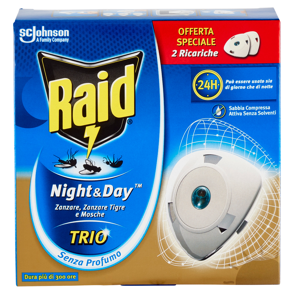 Raid Night & Day Trio, Repellente antizanzare con Sabbia Compressa 2 Ricariche