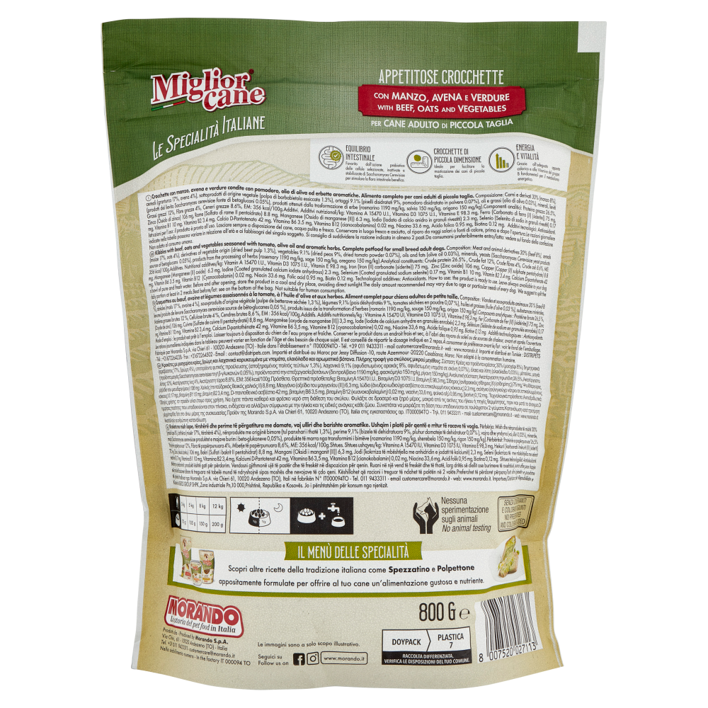 Migliorcane Le Specialità Italiane Crocchette Manzo, Avena, Verdure Cane Adulto Piccola Taglia 800 G