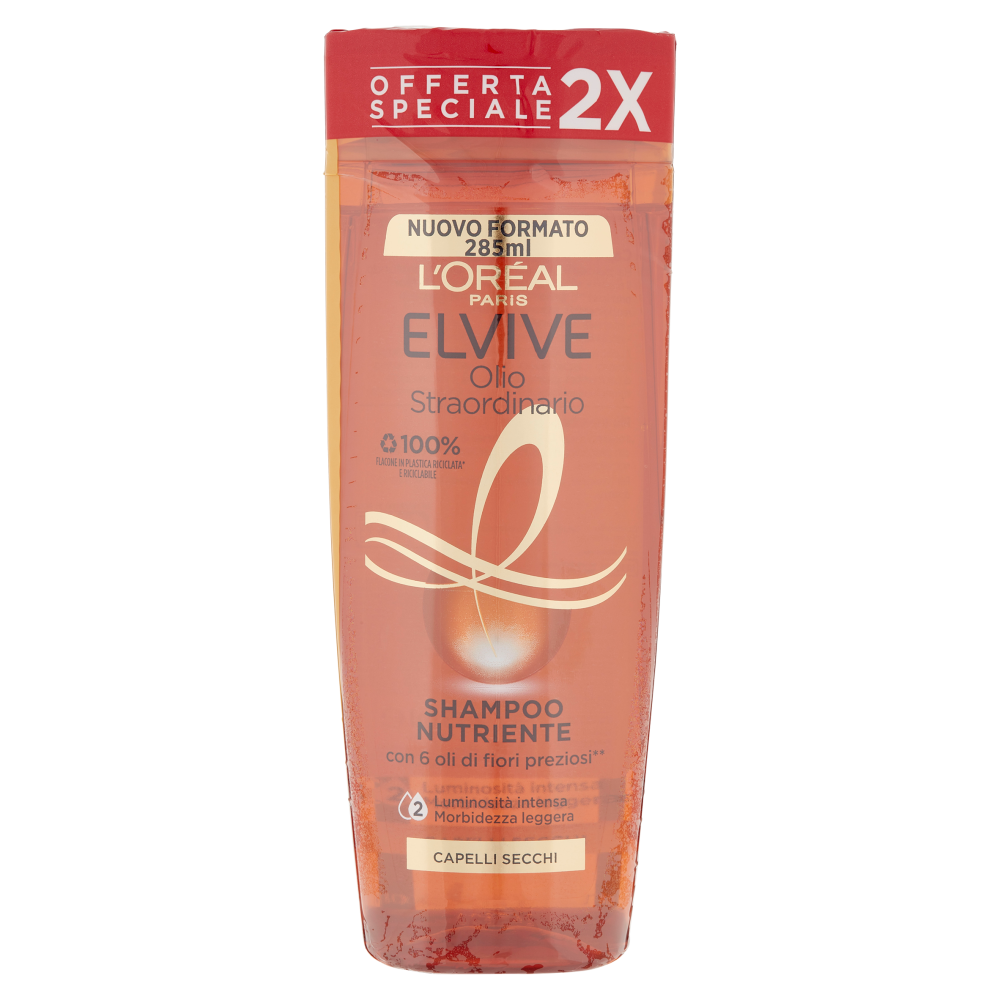 L'Or&eacute;al Paris Shampoo Elvive Olio Straordinario, Azione Nutriente Capelli Secchi, Confezione da 2
