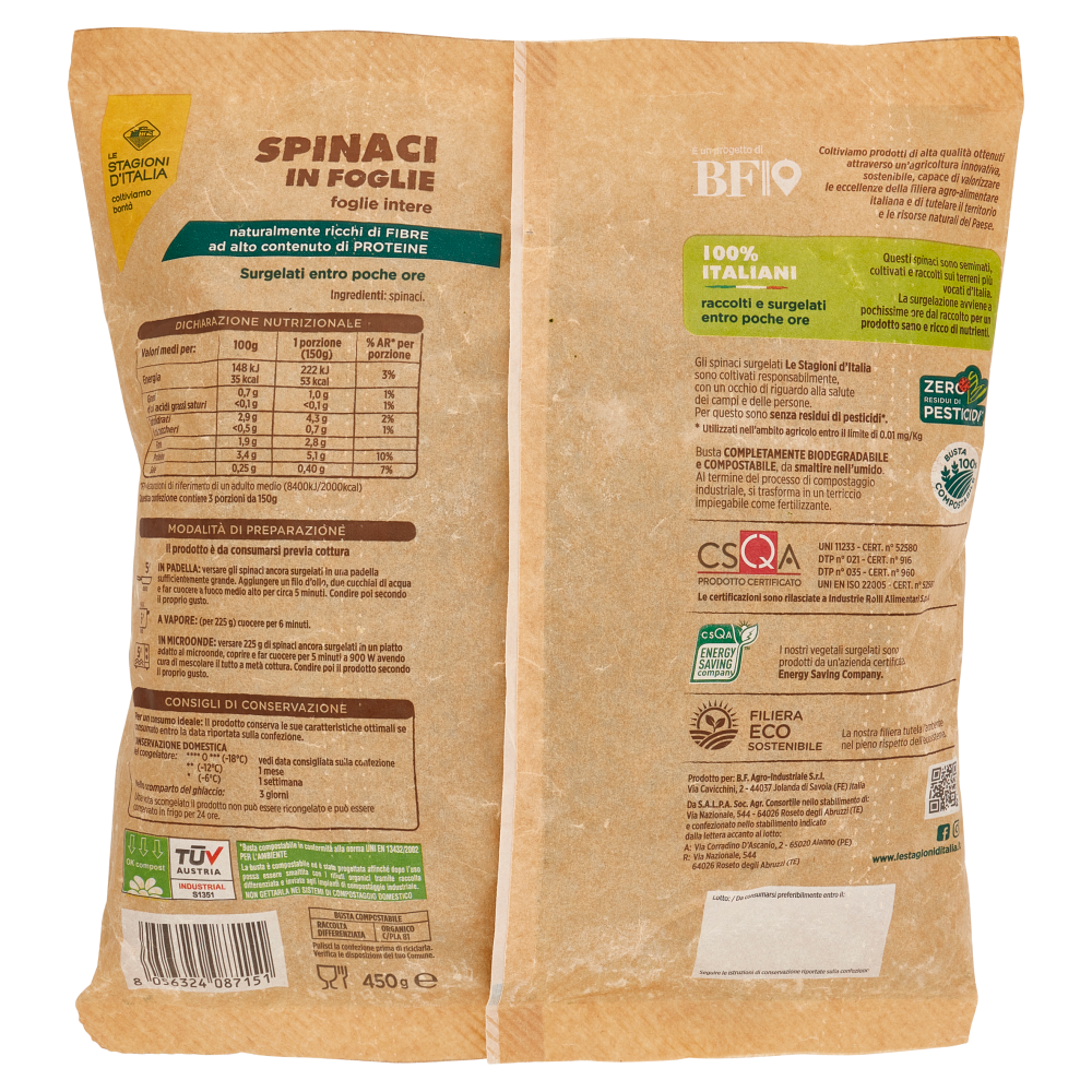 Le Stagioni d'Italia Spinaci in Foglie Surgelati 450 g