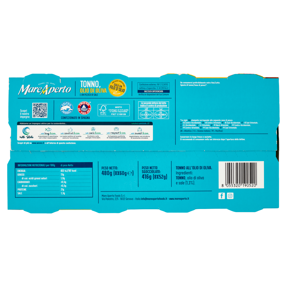 Mare Aperto Tonno con solo un filo d'olio d'oliva 8 x 60 g