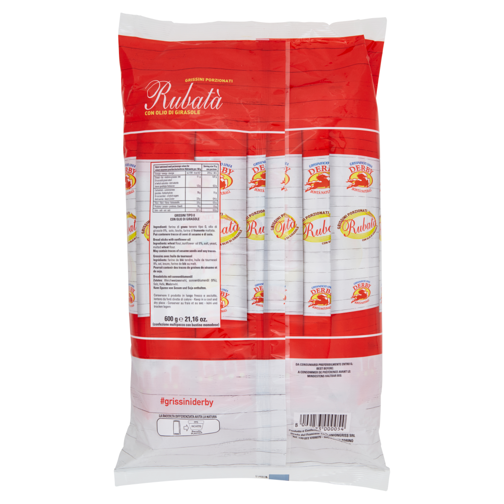 Grissinificio Linea Derby Rubatà Grissini Porzionati con Olio di Girasole 600 g