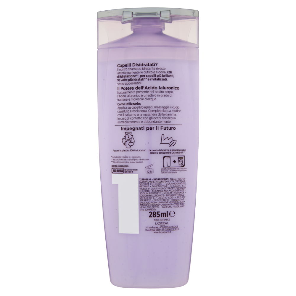L'Or&eacute;al Paris Elvive Hydra Hyaluronic, Shampoo 72H Idratazione Profonda, con Acido Ialuronico, 285ml