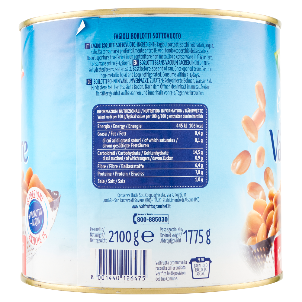 Valfrutta Granchef Cotti a Vapore Fagioli Borlotti 2100 g