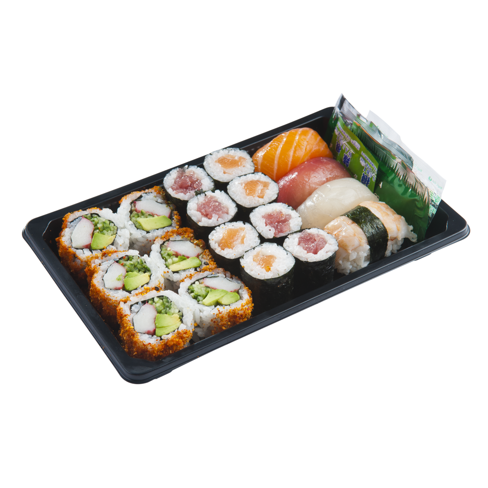 Vassoio misto L 6 Spicy California, 4 Maki Tonno, 4 Maki Salmone, 1 Sushi Salmone, 1 Sushi Tonno, 1 Sushi Ricciola, 1 Sushi Gamberetti 