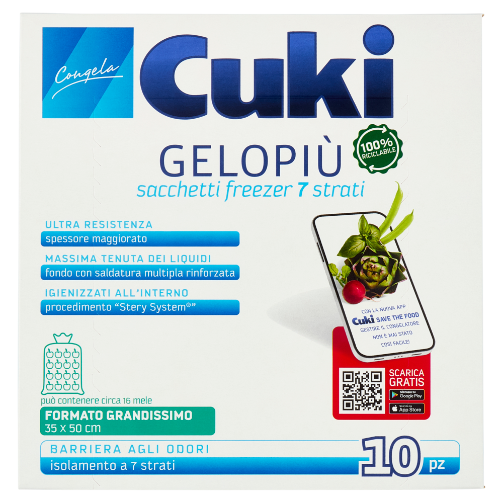 Cuki Congela Gelopiù sacchetti freezer 7 strati Formato Grandissimo 35 x 50 cm 10 pz