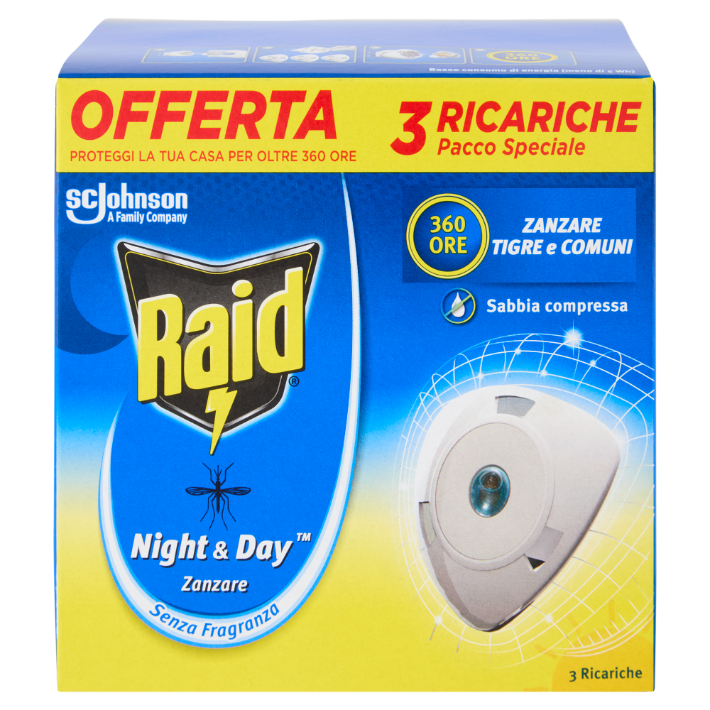 Raid Night & Day Zanzare Ricarica Tripla, 3 Ricariche, Senza Fragranza