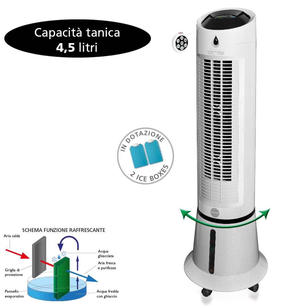 Macom Breeze Tower Ventilatore Raffrescatore evaporativo a torretta oscillante Telecomando incluso