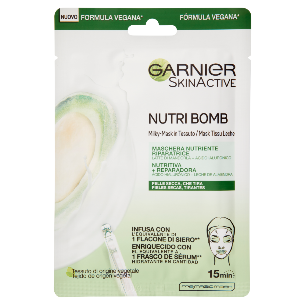 Garnier Maschera in Tessuto Nutriente Riparatrice NutriBomb, Pelli Molto Secche, Latte di Mandorla