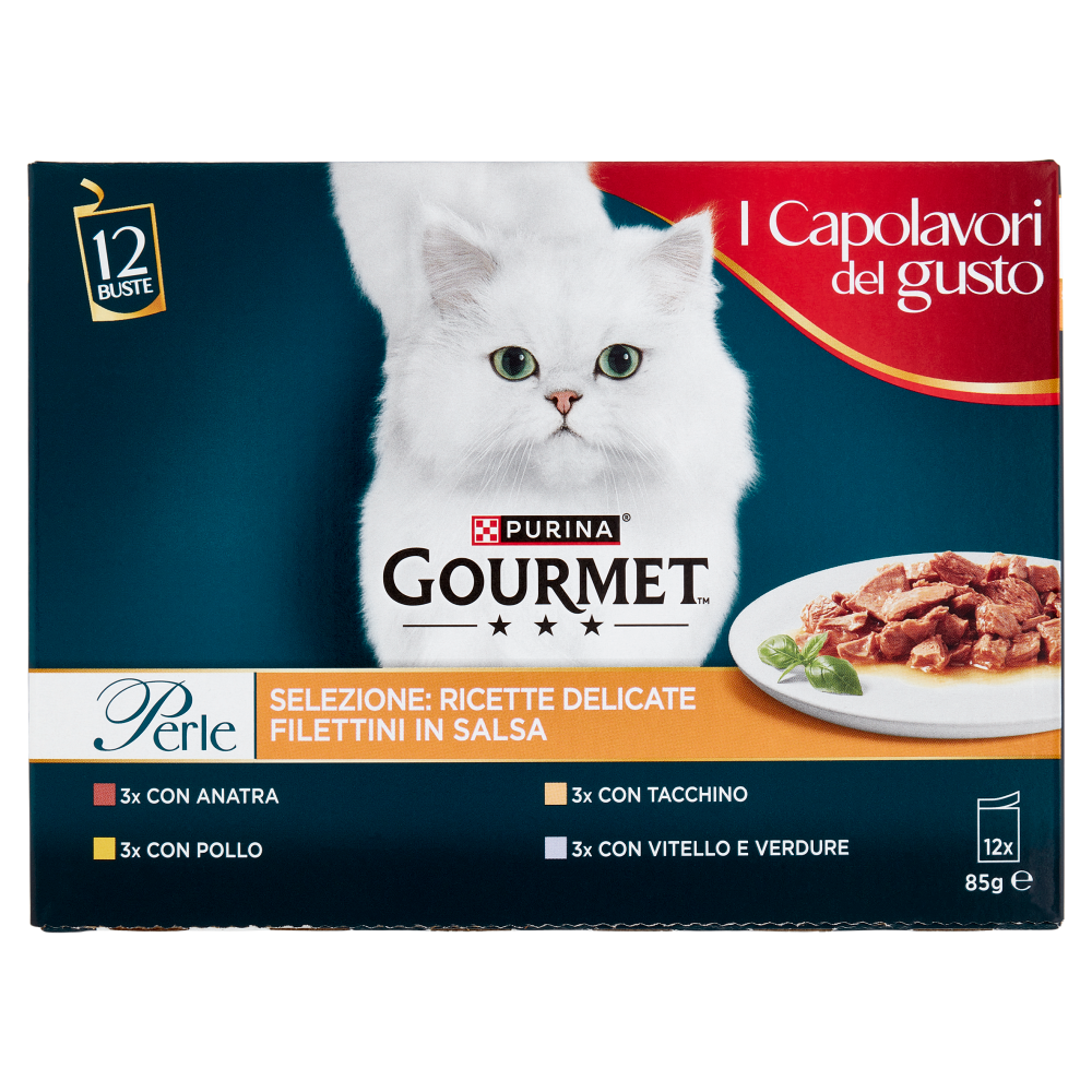 PURINA GOURMET Perle Ricette Delicate Filettini in Salsa Anatra, Pollo, Tacchino, Vitello 12x85g
