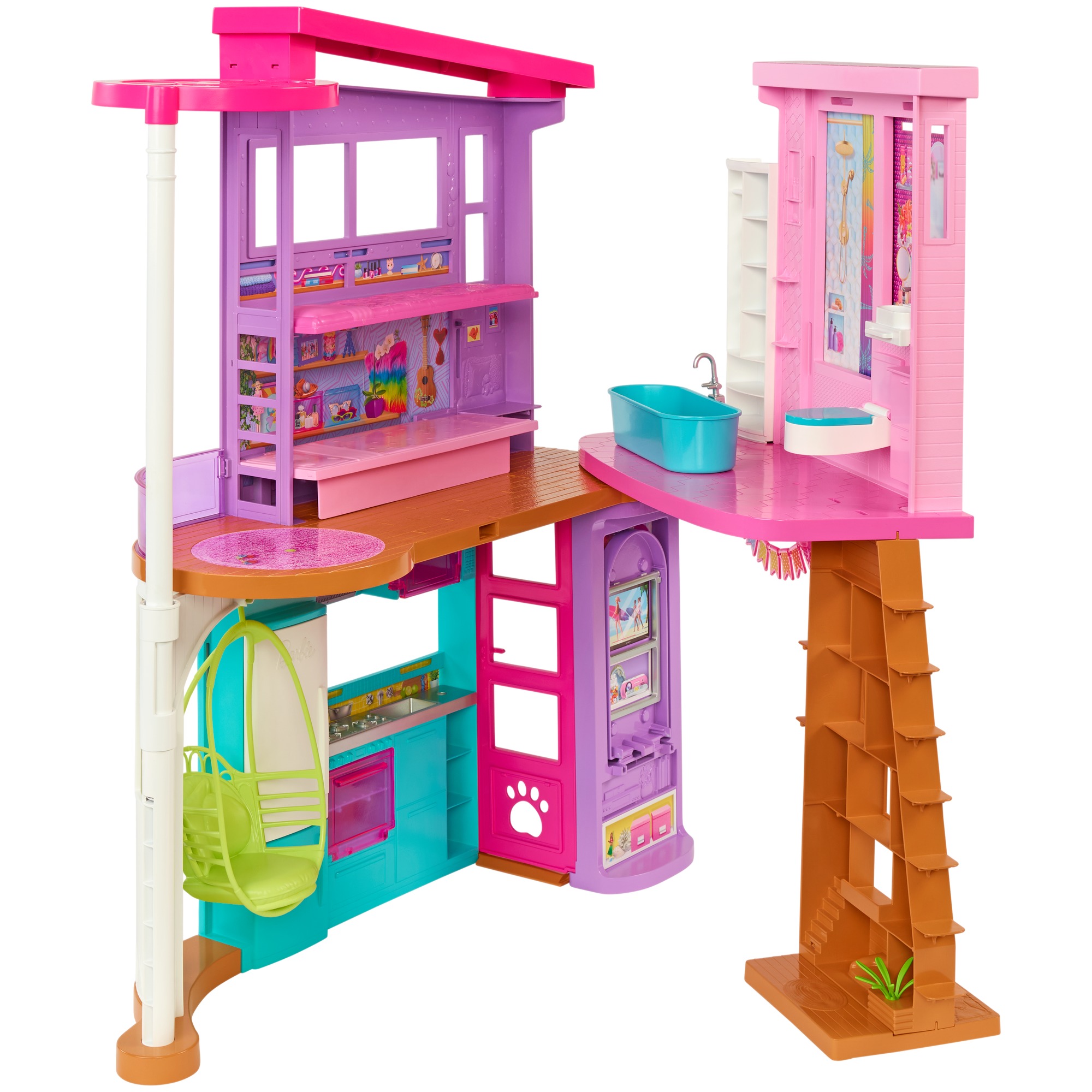 Barbie Casa di Malibu (106 cm) playset casa delle bambole con 2 piani, 6 stanze, ascensore altalena e più di 30 pezzi, Giocattolo per Bambini 3+ Anni