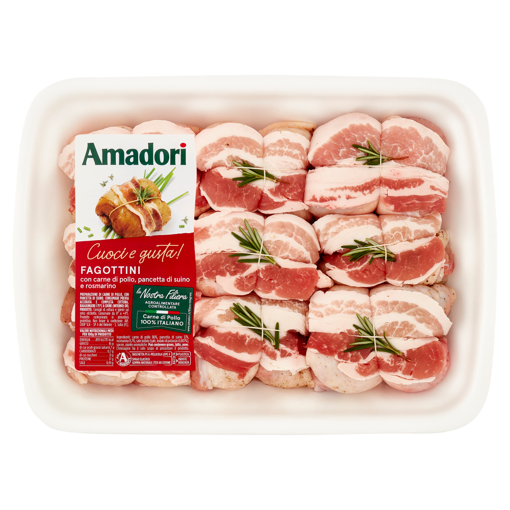 Amadori Fagottini con carne di pollo, pancetta di suino e rosmarino 
