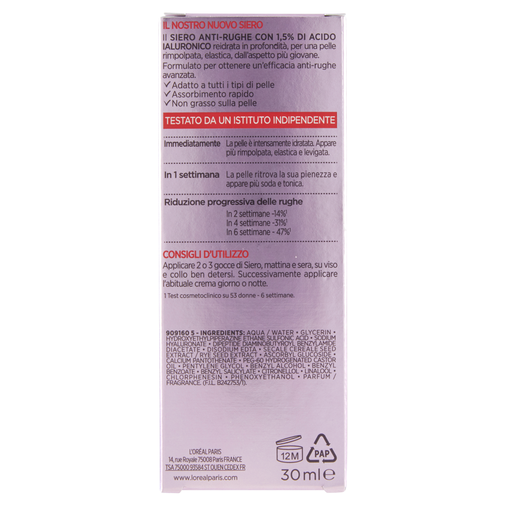 L'Oréal Paris Siero Rimpolpante Revitalift Filler anti-rughe in pipetta, 30 ml