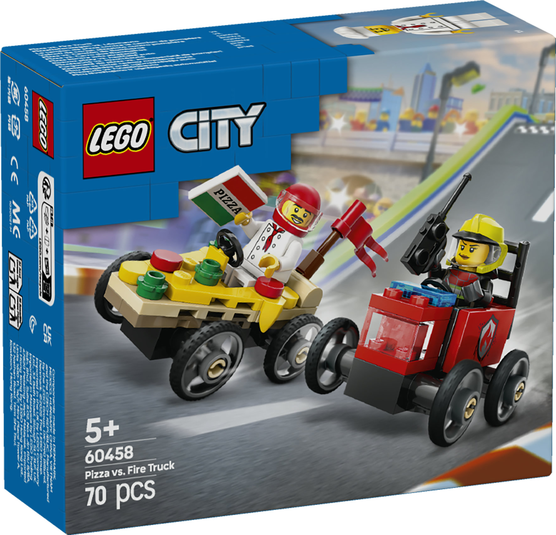 LEGO City 60458 Pack Veicoli da Corsa: Pizzaiolo Contro Pompiere, Macchine Giocattolo con 2 Minifigure, Giochi per Bambini 5+