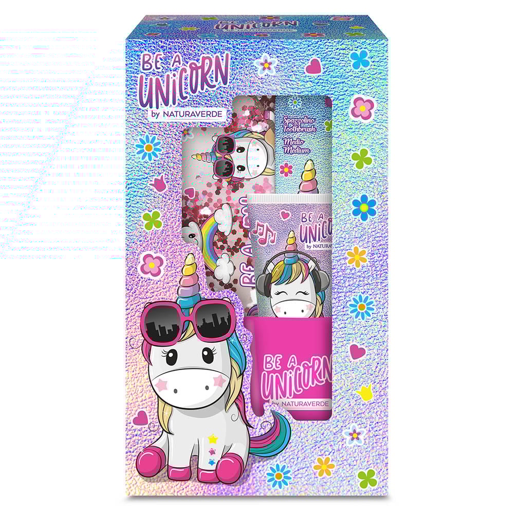 BE A UNICORN by NATURAVERDE Oral care set (spazzolino + dentifricio 75 ml + bicchierino + pochette glitter)