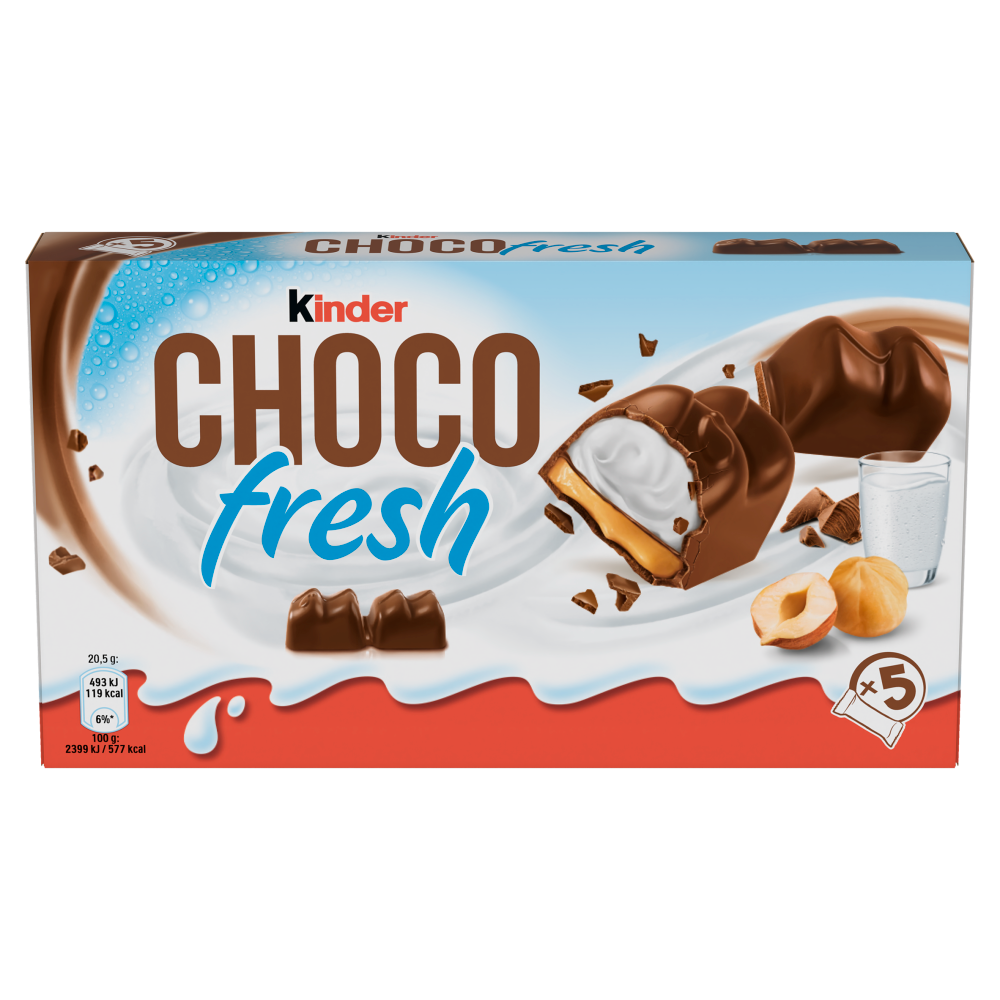 Kinder Choco Fresh: Merenda ricoperta di cioccolato al latte e ripieno al latte e nocciola 5x20,5g