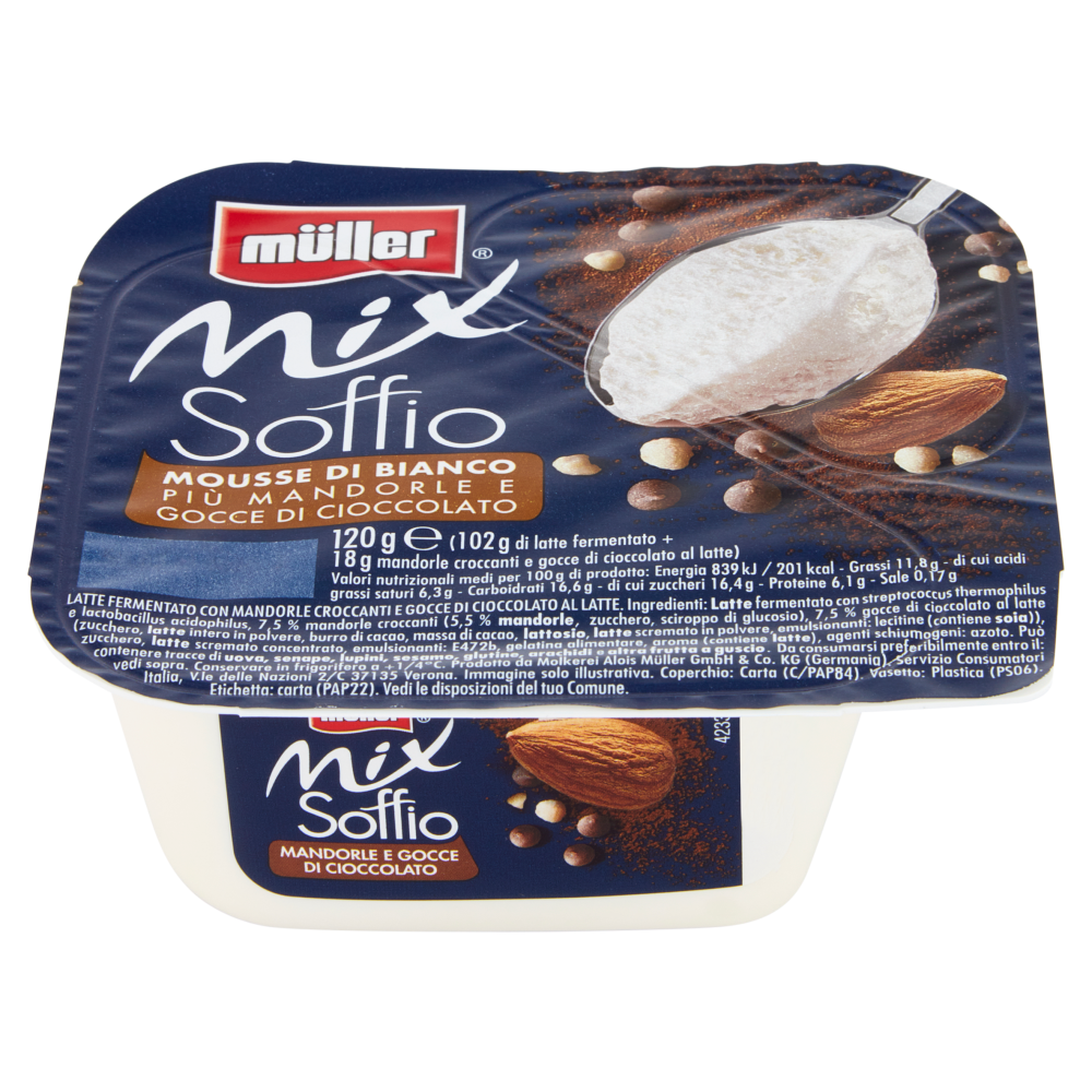 müller Mix Soffio Mousse di Bianco più Mandorle e Gocce di Cioccolato 120 g
