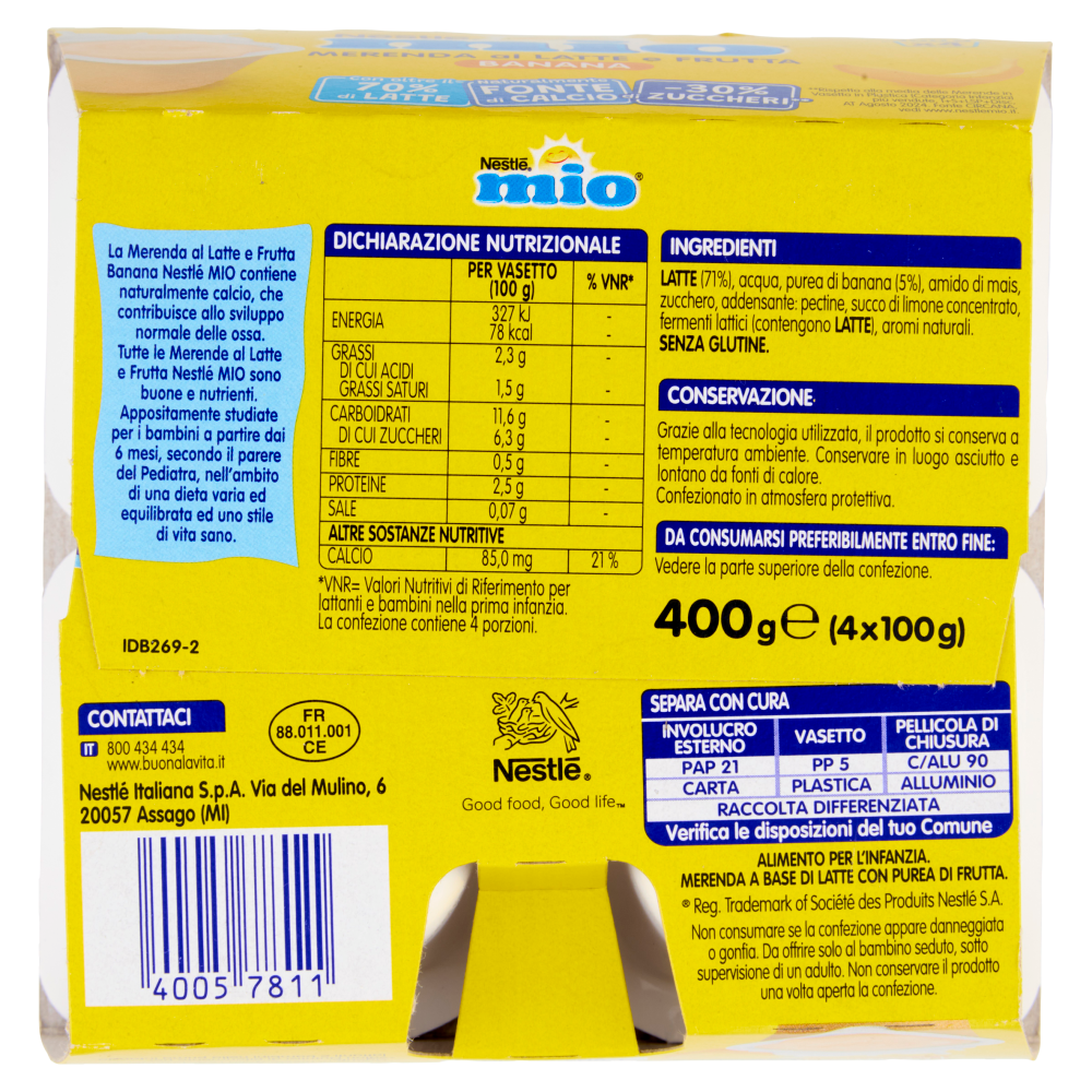 NESTLÉ MIO Merenda al Latte e Frutta Banana 4 vasetti da 100g