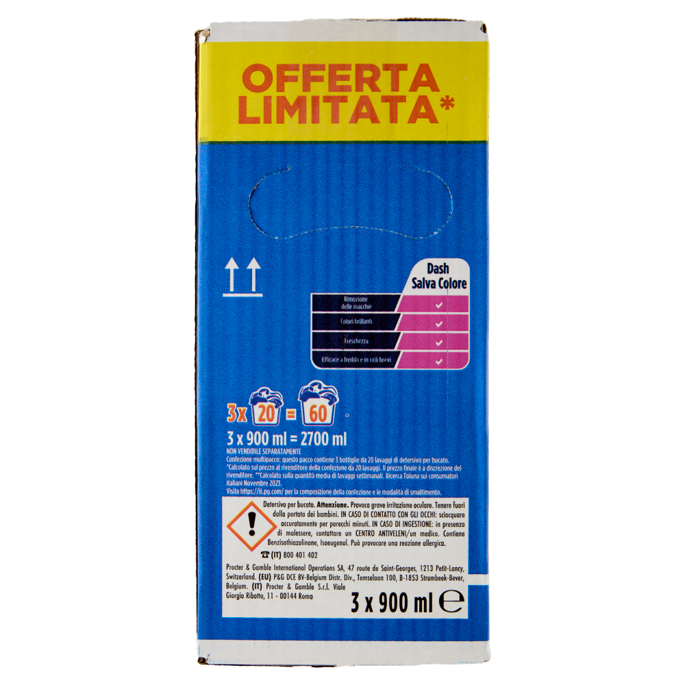 Dash Power Detersivo Liquido Lavatrice, Salva Colore, 3x20 Lavaggi=60 Lavaggi 3x900 ml